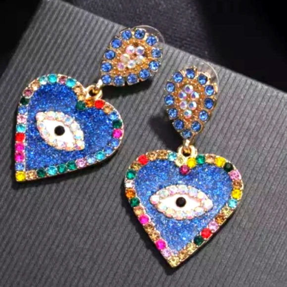 JEWLERY EARRINGS GOLD PLATED BLUE HEART EVIL EYE W/ ACCENTS - Picture 2 of 3